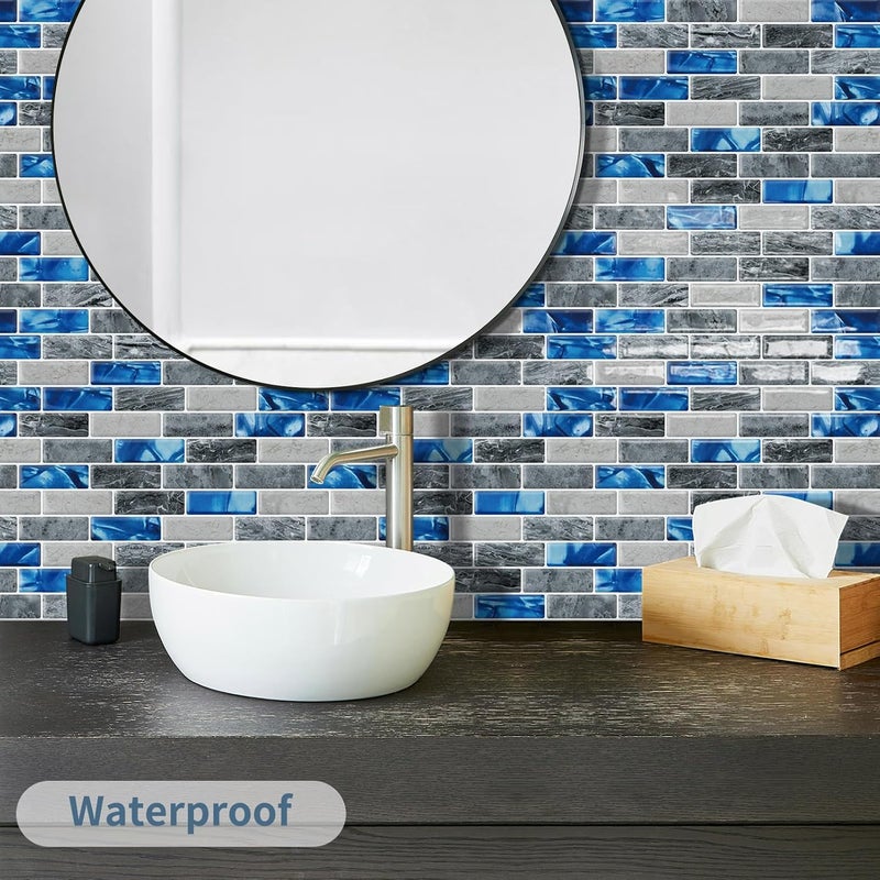 DEWOO Kitchen Backsplash Self Adhesive Wall 3D Marble Tiles Peel and Stick Bathroom, Blue (10-Sheet, 12"×12") - Image 4